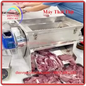 Máy Thái Thịt Tươi Sống Công Nghiệp PH40CM – Ảnh thực tế sử dụng, máy đang vận hành tại cơ sở chế biến thực phẩm, chất liệu inox bền đẹp, năng suất cao.