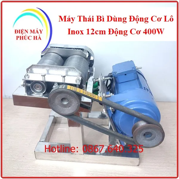 Máy thái bì heo dùng điện khung chân inox, động cơ bền