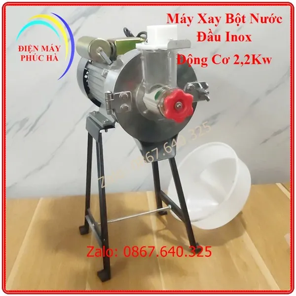 Máy xay bột gạo nước đầu inox động cơ 2,2kw có phễu chứa nguyên liệu tiện lợi, dùng để xay bột gạo nước siêu mịn để làm bánh cuốn, bánh ướt