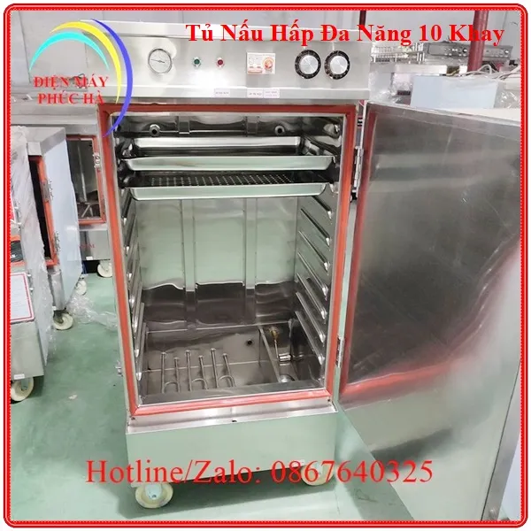 Tủ nấu hấp đa năng 10 khay có khay kích thước 60x40cm, dùng điện 1 pha 220V hoặc 3 pha 380V, có chỉnh nhiệt, cài đặt thời gian nấu hấp
