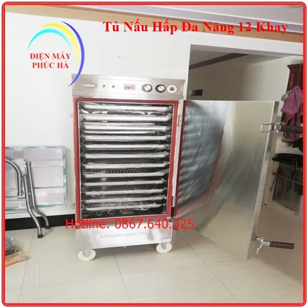 Tủ nấu hấp đa năng 12 khay có khay kích thước 60x40cm, dùng điện 1 pha 220V hoặc 3 pha 380V, có chỉnh nhiệt, cài đặt thời gian nấu hấp