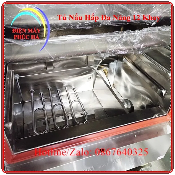 Tủ nấu hấp đa năng 12 khay có phao cấp nước tự động, có thanh nhiệt inox 304 siêu bền