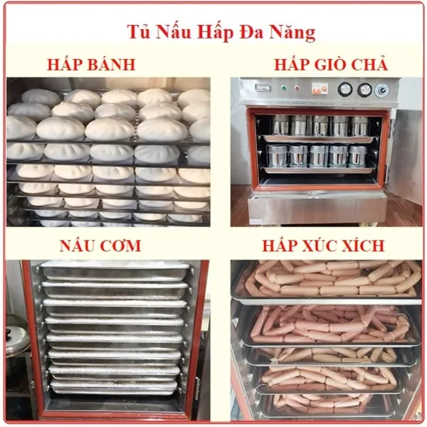 Tủ nấu hấp đa năng 12 khay dùng để nấu hấp thực phẩm như nấu cơm, hấp xôi, hấp giò chả, hấp xúc xích, hấp gà, hấp rau củ quả…