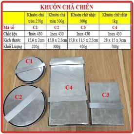 Khuôn làm chả chiên chả cốm bằng inox loại vuông loại tròn loại hình chữ nhật