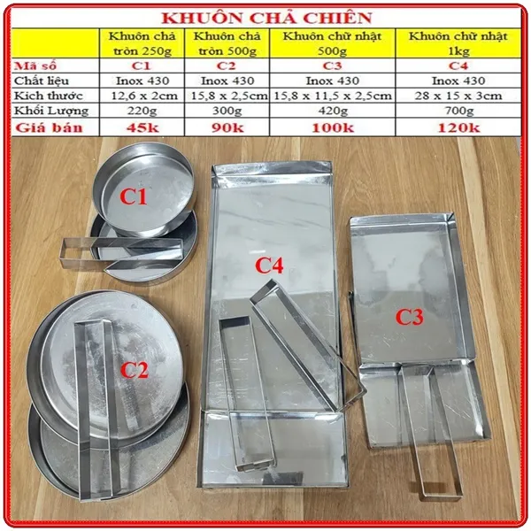 Chi tiết cấu tạo Khuôn làm chả chiên chả cốm bằng inox loại vuông loại tròn loại hình chữ nhật