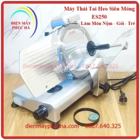 Máy Thái Tai Heo Siêu Mỏng ES250 Để Làm Nộm, Gỏi, Tré - Ảnh tổng thể sản phẩm, toàn thân, góc chính diện, chất liệu inox bền đẹp, năng suất cao.
