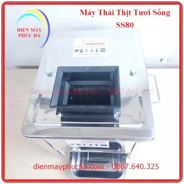 Máy Thái Thịt Tươi Sống SS80 Độ Dày Lát Thái 2-3,5-5-7mm – Ảnh chất liệu inox, chụp cận inox sáng bóng, chất liệu inox bền đẹp, năng suất cao.