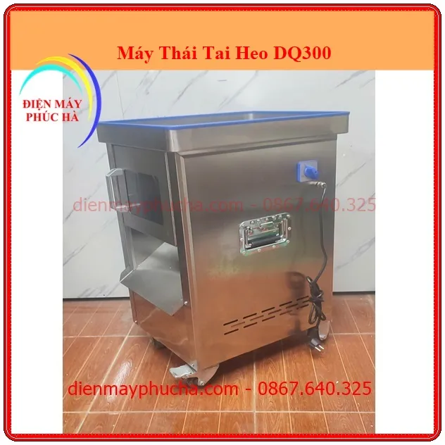 Máy Thái Tai Heo DQ300 - Ảnh tổng thể sản phẩm, toàn thân, góc chính diện, chất liệu inox bền đẹp, năng suất cao.