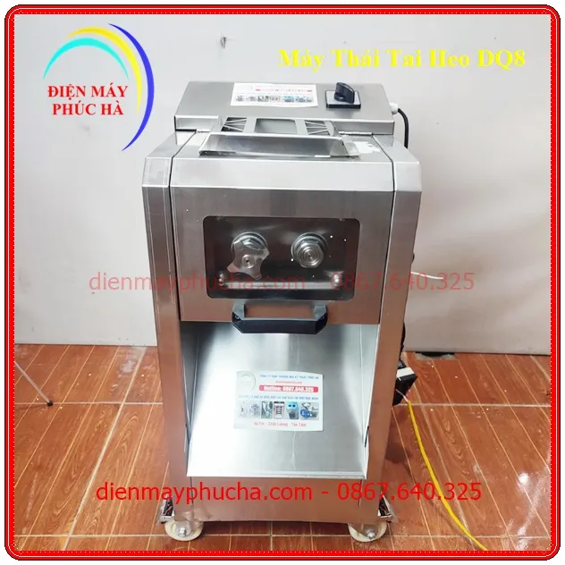 Máy Thái Tai Heo DQ8 - Ảnh tổng thể sản phẩm, toàn thân, góc chính diện, chất liệu inox bền đẹp, năng suất cao.