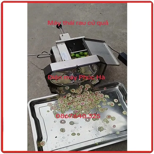 Máy thái lát rau củ quả YC-250 đang thái thực phẩm với lát thái đều, mượt