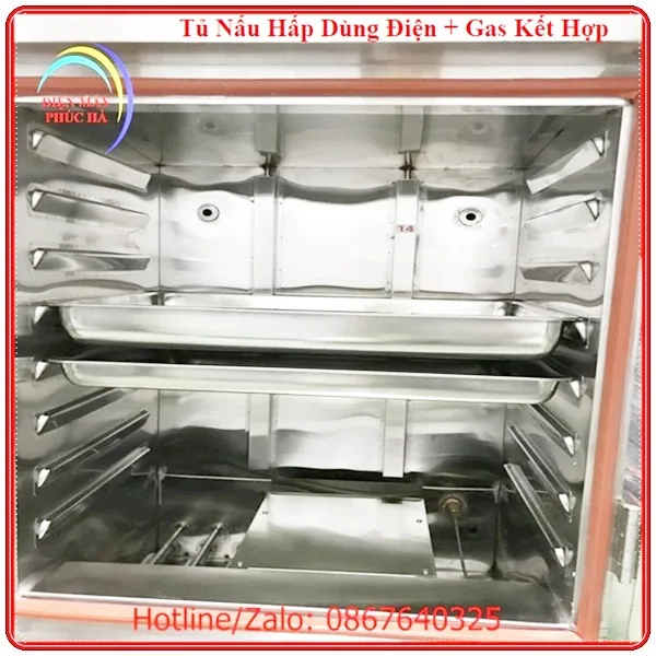 Tủ nấu hấp đa năng dùng điện gas kết hợp có phao cấp nước tự động, các tầng khay cách nhau 8,5cm